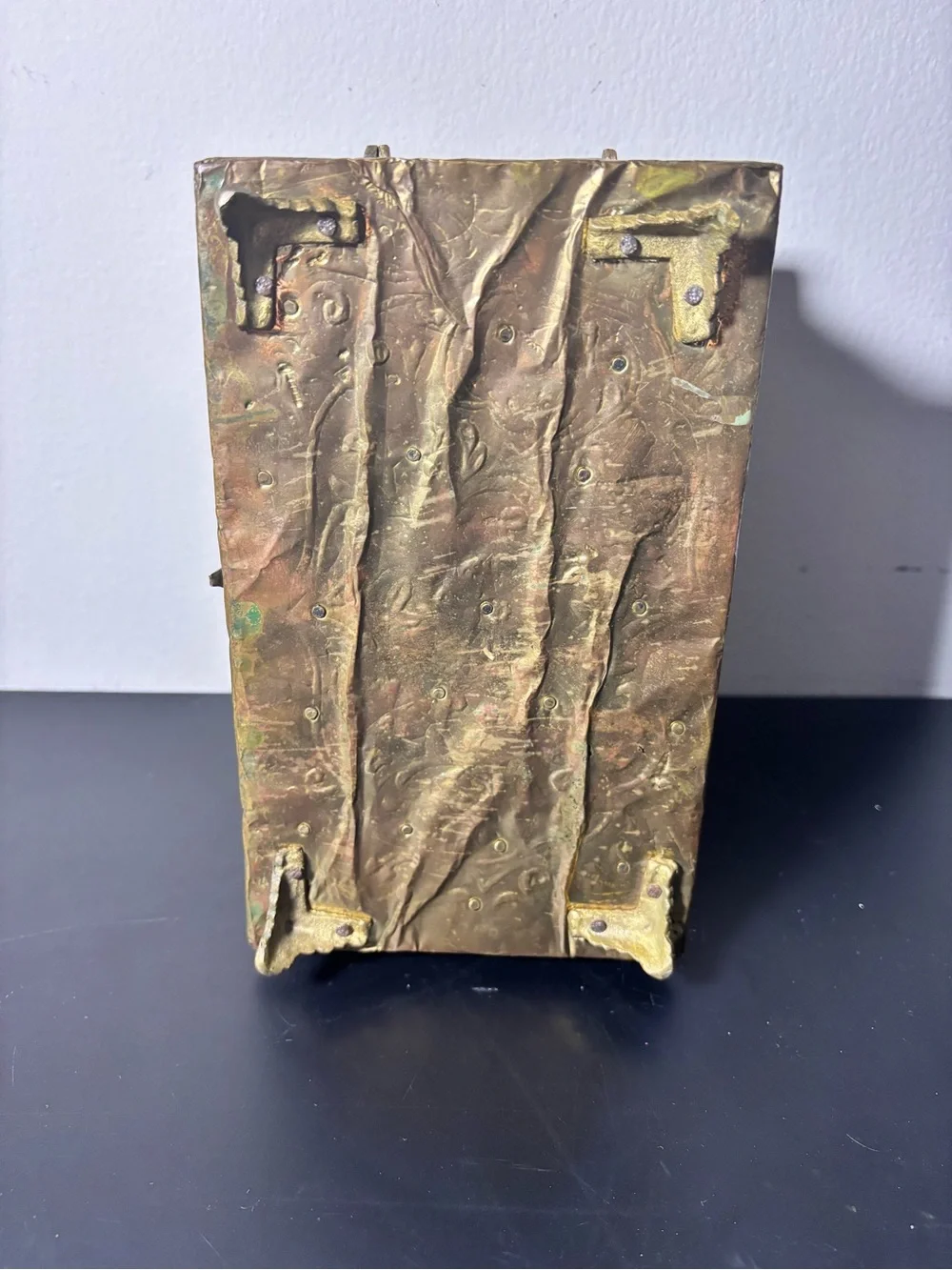 Vintage Embossed Metal Trinket Box, Hinged Lid, Latch, Velvet Lined Interior